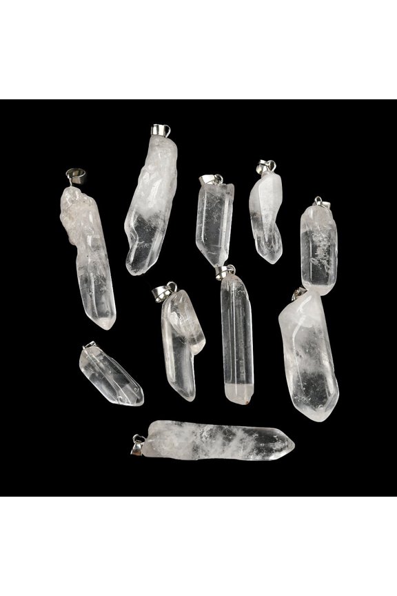 Natural Quartz Crystal Pointed Pendants Rock Crystal Charms with Stainless Steel Color Tone 201 Stainless Steel Snap on Bails 24~48x10~14x8~10mm Hole: 4.5x5mm
