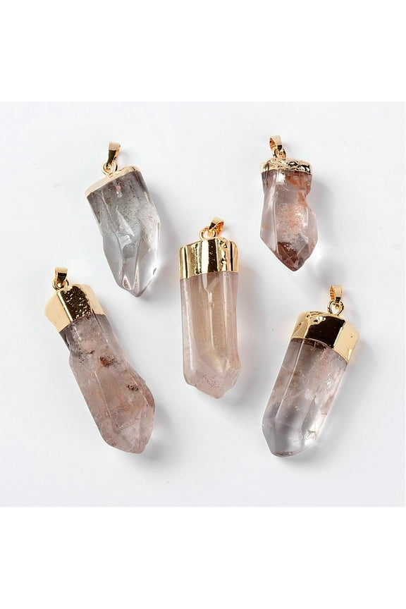Natural Quartz Crystal Pointed Pendants Rock Crystal with Brass Findings Faceted Bullet Clear Golden Metal Color 38~55x10~17mm Hole: 7x5mm