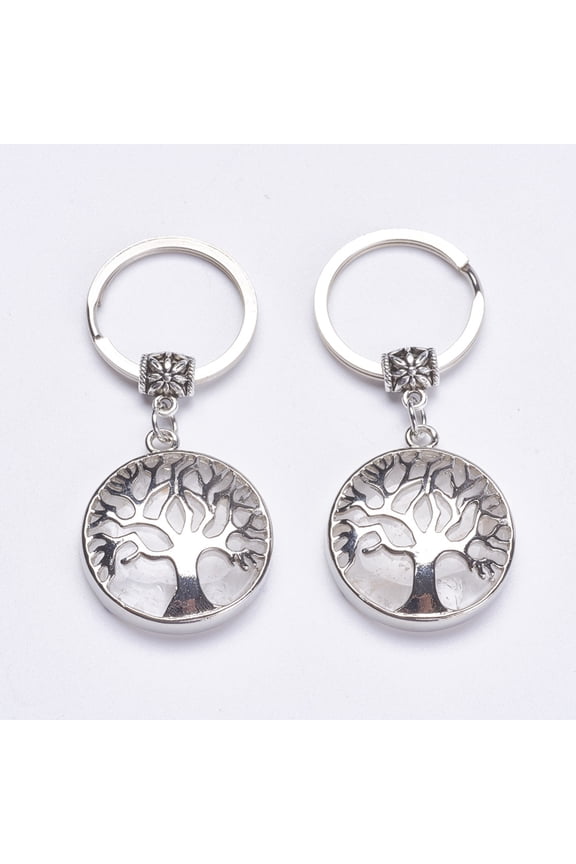 Natural Quartz Keychain with Platinum Plated Brass Findings Flat Round with Tree of Life 64mm