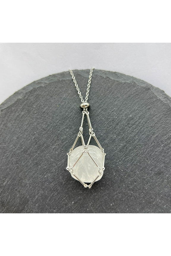 Natural Quartz Macrame Pouch Pendant 201 Stainless Steel Chain Necklaces Stainless Steel Color 23.62 inch(60cm)