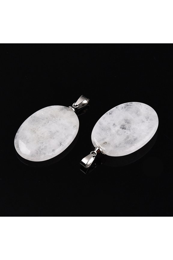 Natural Quartz Pendants Rock Flat Oval Charms with Metal Snap on Bails Platinum 34~34.5x22x5~5.5mm Hole: 2.5x5.5mm