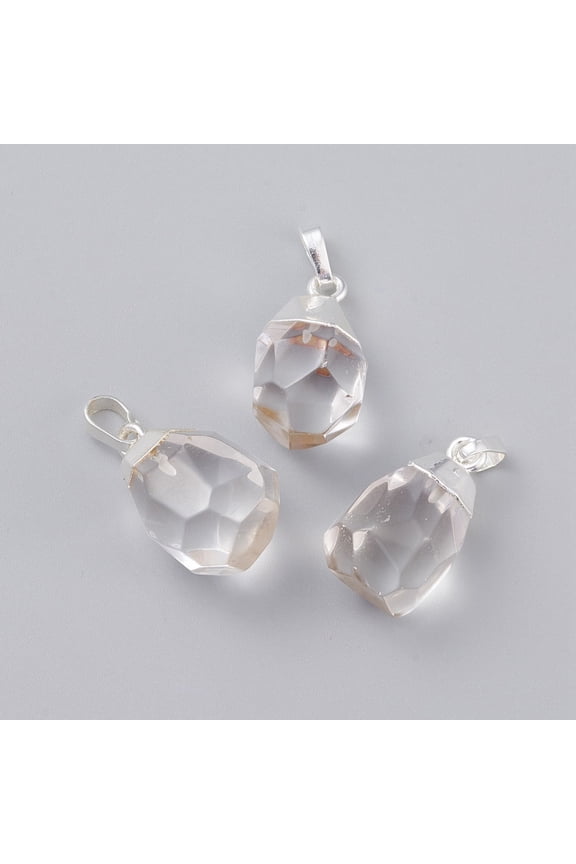 Natural Quartz Pendants Rock Pendants with Brass Bails Faceted Teardrop Silver color Plated 19~21x12~14x11~15mm Hole: 5x3mm