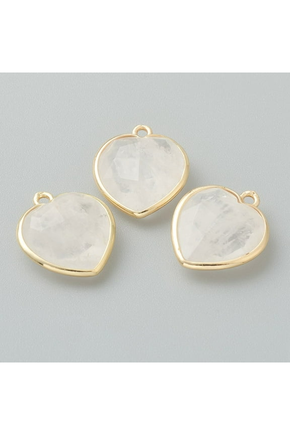 Natural Quartz Pendants Rock Pendants with Golden Brass Edge Faceted Heart 19x16.5x6~6.5mm Hole: 1.6mm DIY
