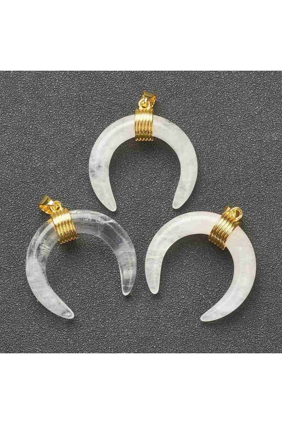 Natural Quartz Pendants Rock Pendants with Golden Brass Findings Double Horn/Crescent Moon 31-33x30x10mm Hole: 6x4mm
