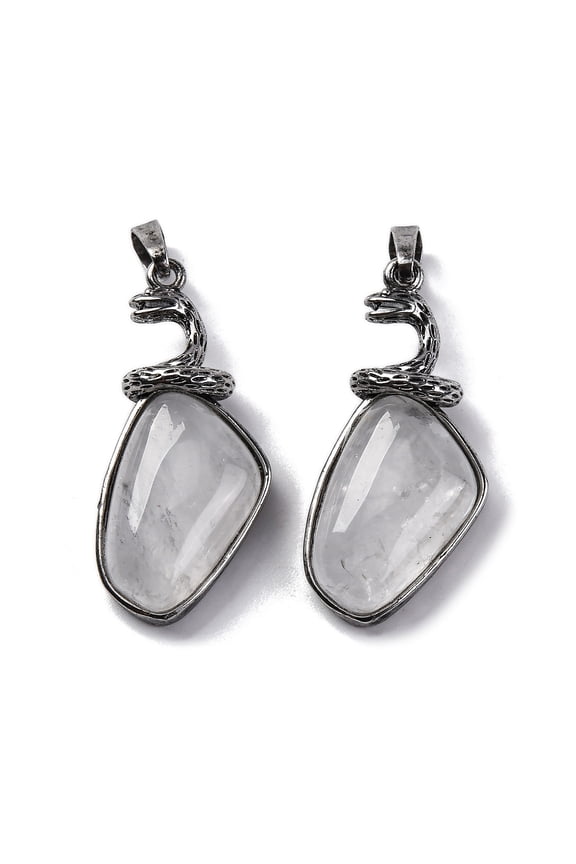 Natural Quartz Pendants Rock Snake with Rhombus Charms with Rack Plating Silver Tone Brass Findings 38.5x17.5x12.5mm Hole: 8x5mm