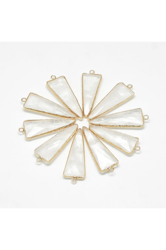 Natural Quartz Pendants Rock with Golden Tone Brass Findings Faceted Triangle 46x16-17x6-7mm Hole: 2mm