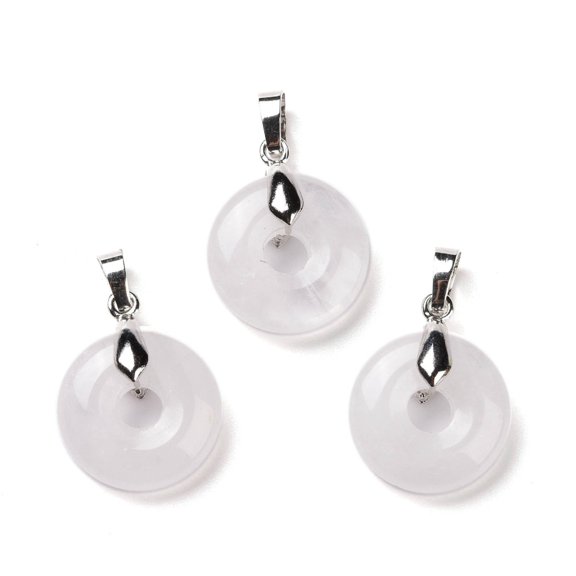 Natural Quartz Pendants Rock with Platinum Tone Brass Findings Cadmium Free Lead Free Donut/Pi Disc 24-25x20x8.5mm Hole: 8x5mm