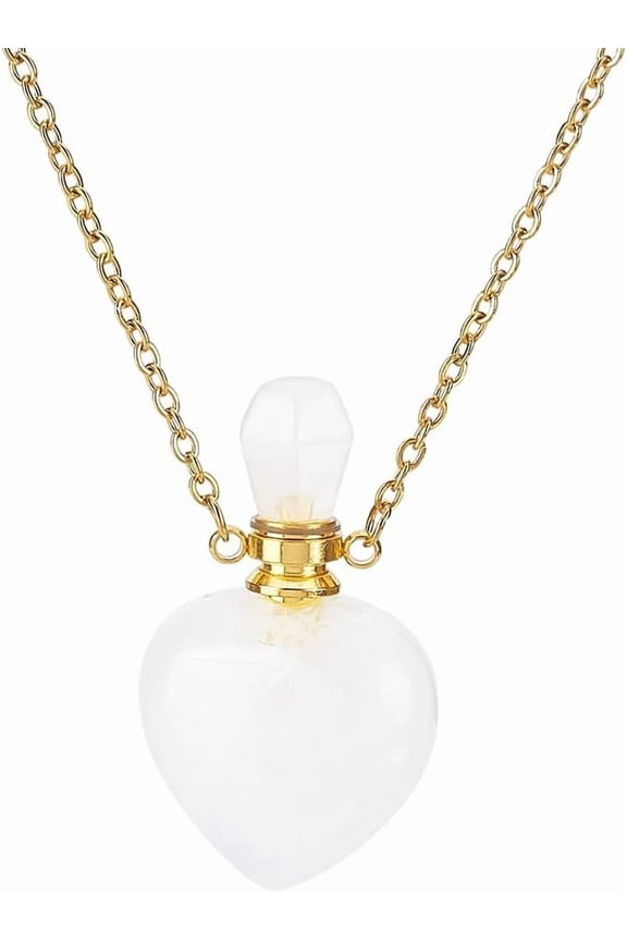 Natural Quartz Perfume Bottle Necklace Heart Shape Essential Oil Diffuser Bottle Real Clear Quartz Gemstone Necklace Golden Chain