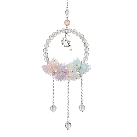 Natural Quartz Round Beaded Hanging Suncatchers Flower Imitation Jelly Acrylic Bead for Home Decorations Stainless Steel Color 270mm