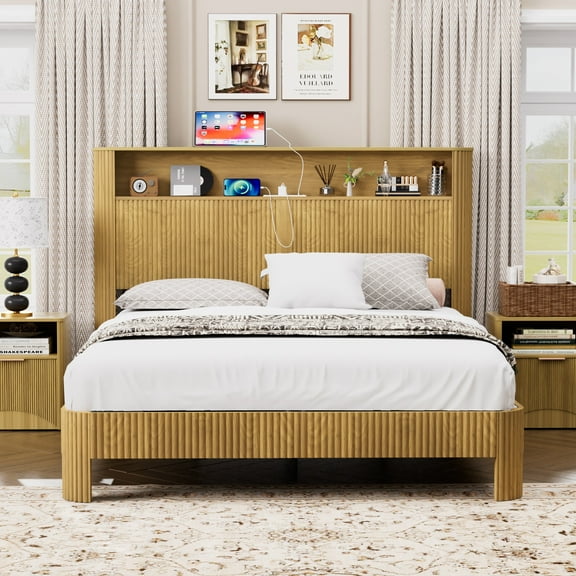 Natural Queen Size Bed Frame with Storage Headboard, Built-in Charging Ports, Wavy Curved Design, Silent Metal Support