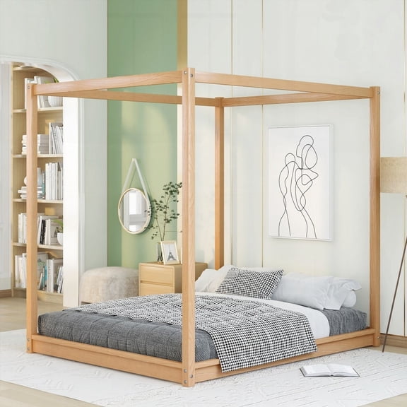 Queen Size Canopy Platform Bed - Natural with Support Legs for Fresh Mattress