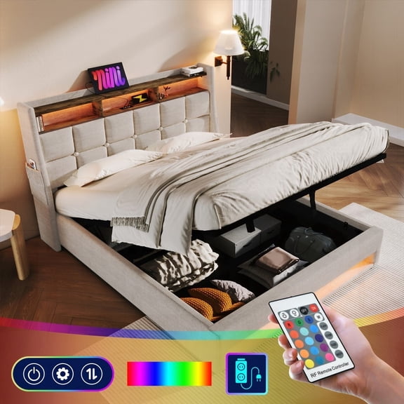 Natural Queen size Upholstered Platform bed containing a Hydraulic Storage System, LED & USB Charging, providing Flexible and Spacious Under-bed Storage