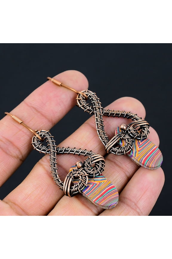 Natural Rainbow Calsilica Gemstone Copper Wire Wrap Gift Earring 2.76