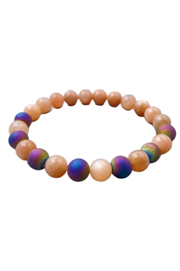 Natural Rainbow Druzy Agate 8mm Round Shape Smooth Cut Beads Stretchable Bracelet For Men & Women. Unisex Bracelet