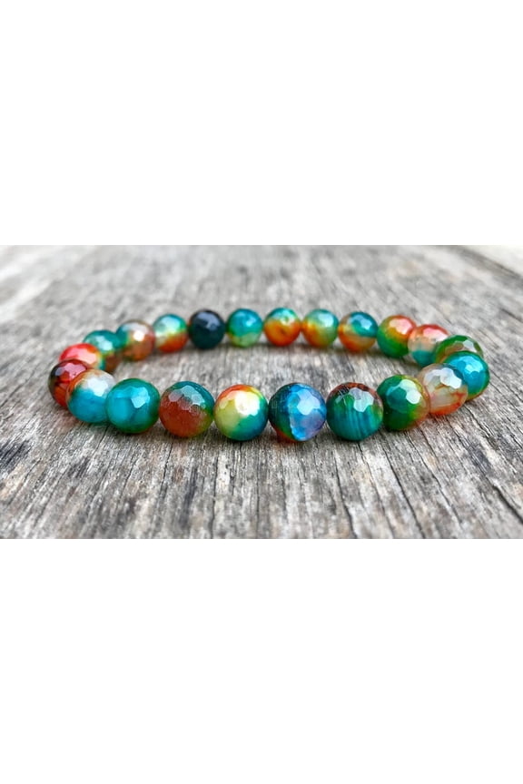 Natural Rainbow Fire Agate 8mm round Shape faceted Cut Beads Stretchable Bracelet for Men & Women.