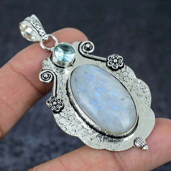 Natural Rainbow Moonstone 925 Sterling Silver Jewelry Pendant 2.68"