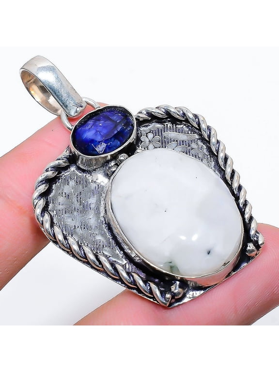 Natural Rainbow Moonstone, Blue Jade 925 Sterling Silver Pendant 1.97"