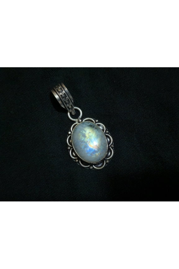 Natural Rainbow Moonstone Cabochon Gemstone Handmade 925 Sterling Silver Pendant 19 mm