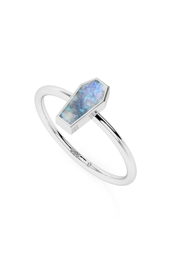 Natural Rainbow Moonstone Coffin Shape Rings in Sterling Silver for Women, June Birthstone Jewelry for Her Birthday, Wedding Anniversary, Christmas, Mothers Day
