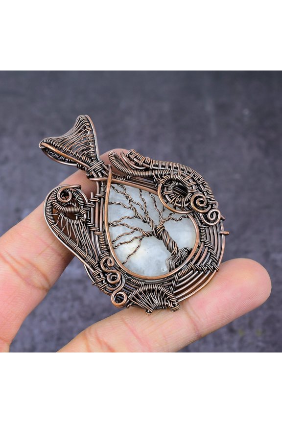 Natural Rainbow Moonstone Copper Wire Wrap Tree Of Life Pendant 2.68"