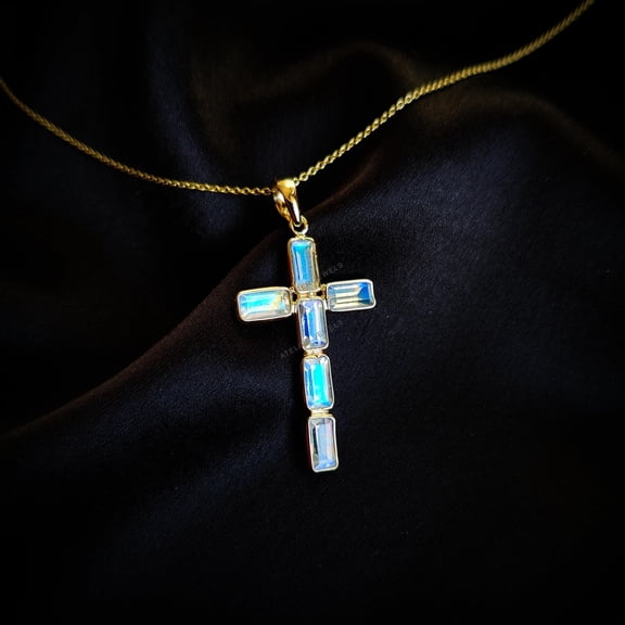 Natural Rainbow Moonstone Cross Pendant, 14K Solid Yellow Gold Pendant, June Birthstone Pendant, Holy Cross Pendant, Christmas Present