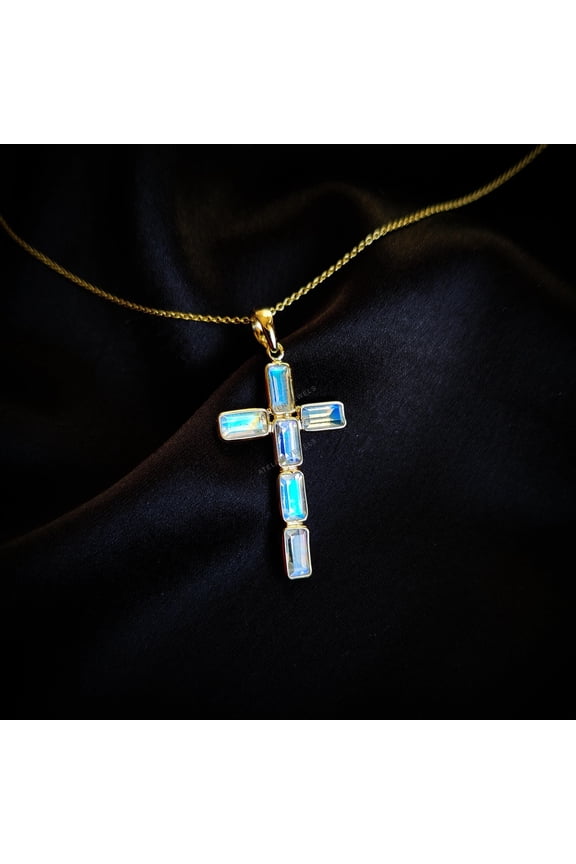 Natural Rainbow Moonstone Cross Pendant, 14K Solid Yellow Gold Pendant, June Birthstone Pendant, Holy Cross Pendant, Christmas Present