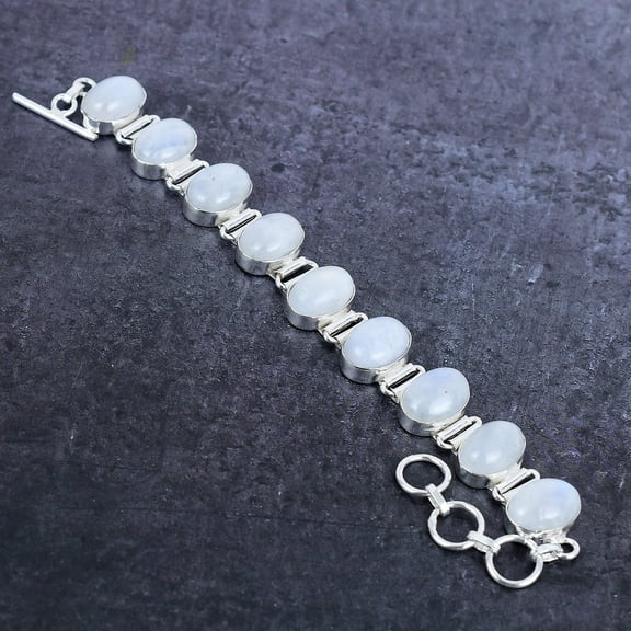 Natural Rainbow Moonstone Gemstone 925 Sterling Silver Bracelet 7-8"