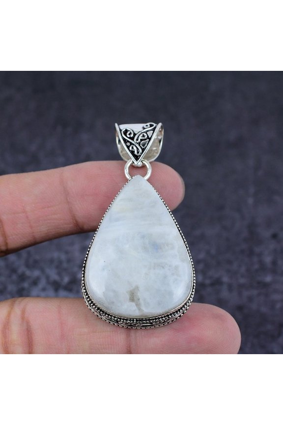 Natural Rainbow Moonstone Gemstone 925 Sterling Silver Gift Pendant 2.17"
