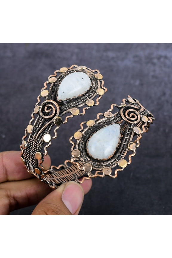Natural Rainbow Moonstone Gemstone Copper Wire Wrap Cuff Bangle Adjustable