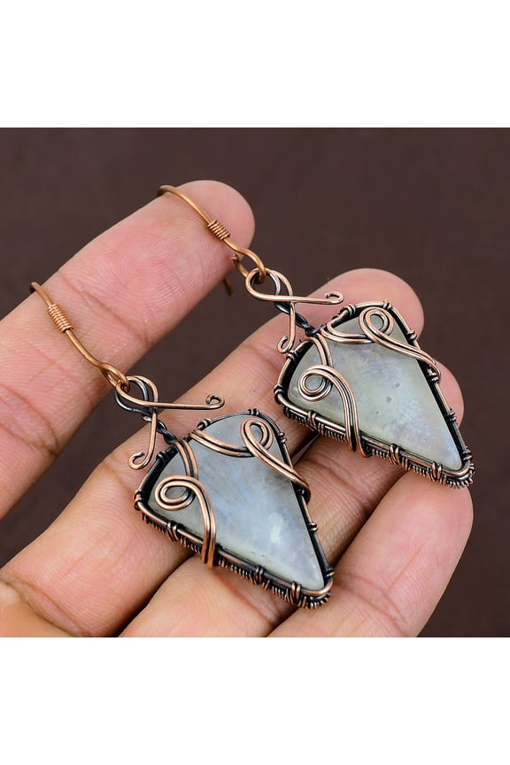 Natural Rainbow Moonstone Gemstone Copper Wire Wrap Gift Earring 2.76