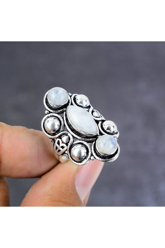 Natural Rainbow Moonstone Gemstone Handmade 925 Sterling Silver Ring Size 7