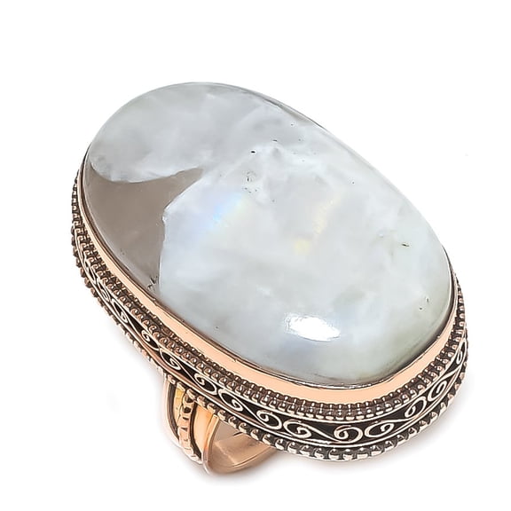 Natural Rainbow Moonstone Gemstone Handmade Copper Jewelry Ring Size 9.5