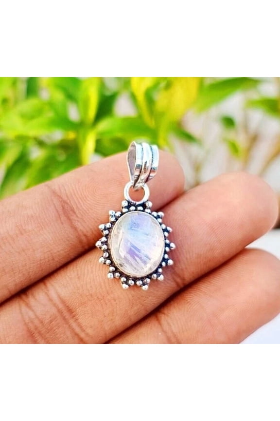 Natural Rainbow Moonstone Gemstone Pendant 925 Sterling Silver Handmade Jewelry