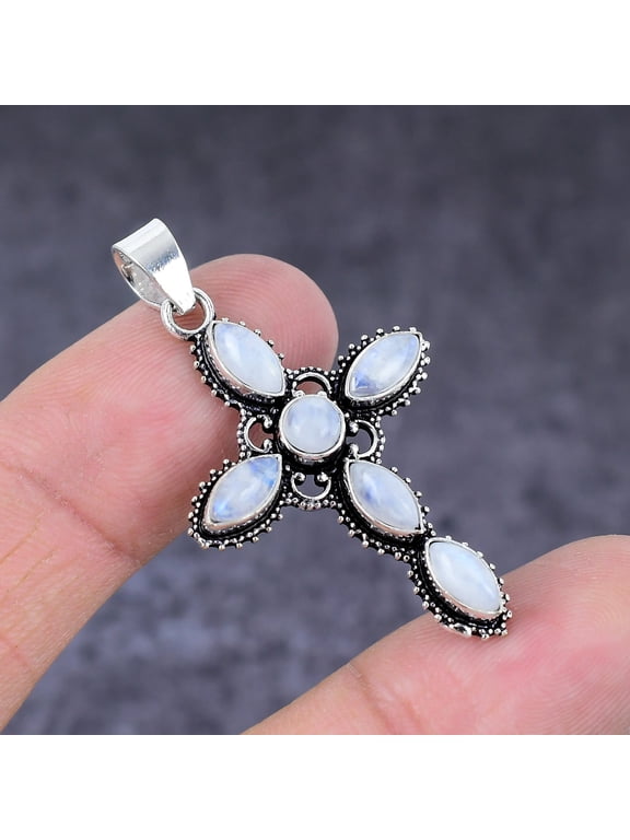Natural Rainbow Moonstone Handmade 925 Sterling Silver Cross Pendant 1.81"