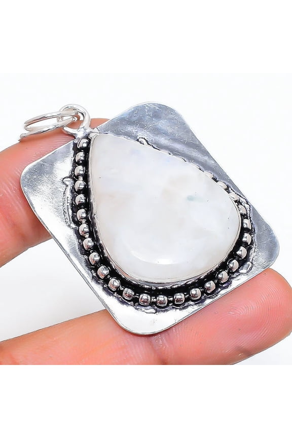 Natural Rainbow Moonstone Handmade 925 Sterling Silver Pendant 2.05"