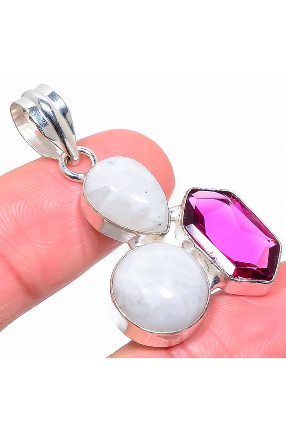Natural Rainbow Moonstone,Kunzite Stone 925 Sterling Silver Pendant 1.77"