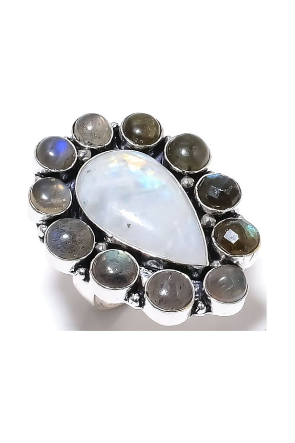 Natural Rainbow Moonstone,Labradorite Gemstone 925 Sterling Silver Ring S.7