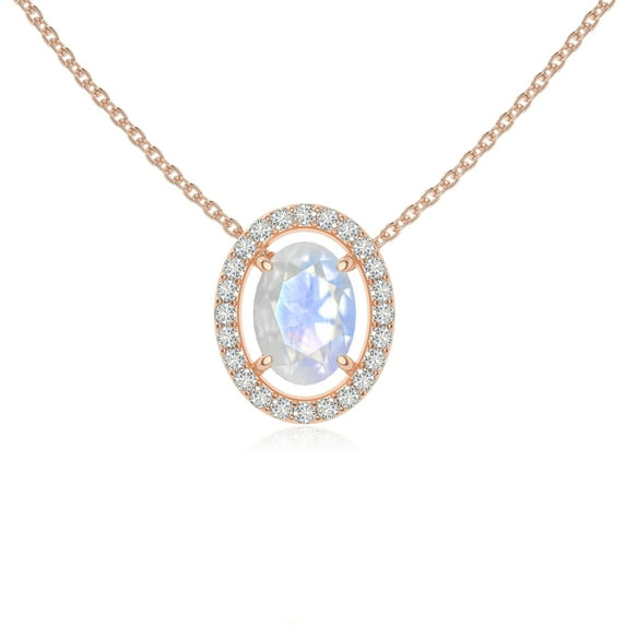 Natural Rainbow Moonstone with Moissanite Solitaire Halo Oval Pendant Necklaces for Women in 18K Rose Gold Vermeil,June Birthstone Jewelry Gift Her Birthday,Anniversary,Mothers Day, Party, Valentines