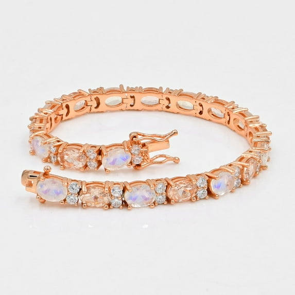 Natural Rainbow Moonstone & Morganite Bracelet, 925 Sterling Silver, October Birthstone, 14K Rose Gold Vermeil Gift For Her, Christmas Gift