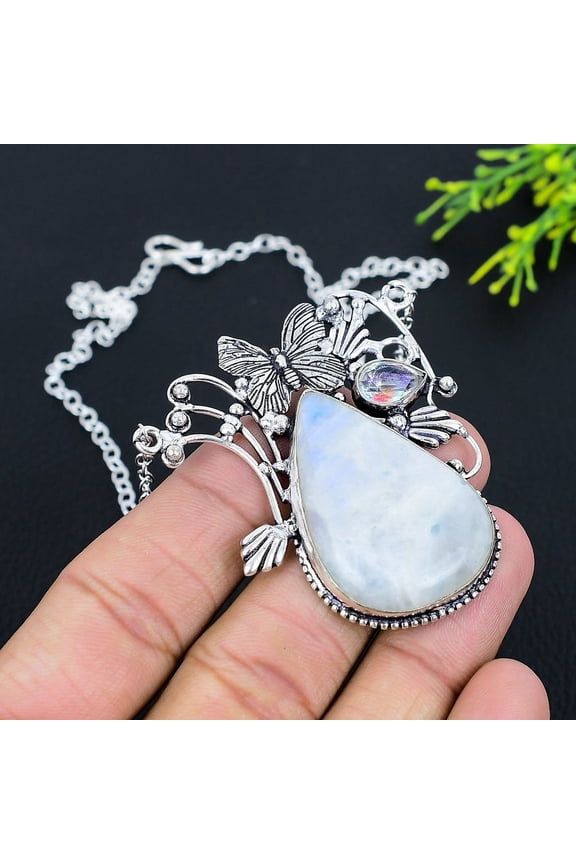 Natural Rainbow Moonstone, Mystic Gemstone 925 Sterling Silver Necklace 18"
