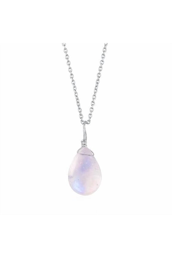 Natural Rainbow Moonstone Pear Pendant Necklace Rhodium Plated 925 Sterling Silver, Gemstone Necklace, Artisan Pendant, Silver Jewelry, Silver Wire, Dainty Pendant, Gift Her
