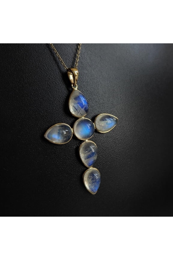 Natural Rainbow Moonstone Pendant, 14K Solid Yellow Gold  Blue Moonstone Pendant, Cross Pendent, June Birthstone Pendant, Christmas Present