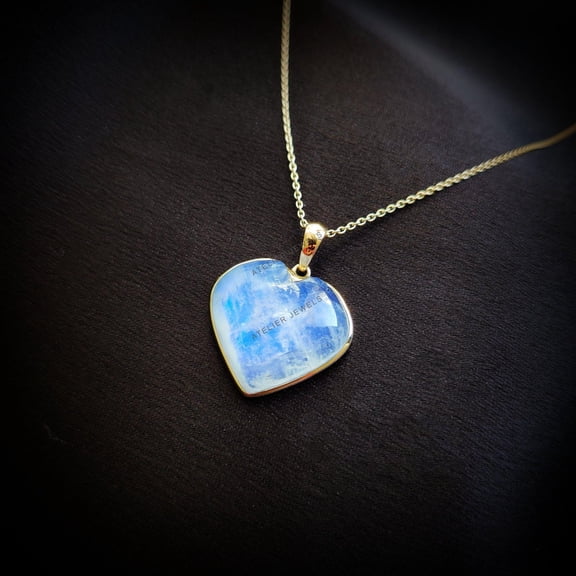 Natural Rainbow Moonstone Pendant, 14K Solid Yellow Gold Blue Moonstone Pendant, Heart Pendant, June Birthstone Pendant, Moonstone Jewelry