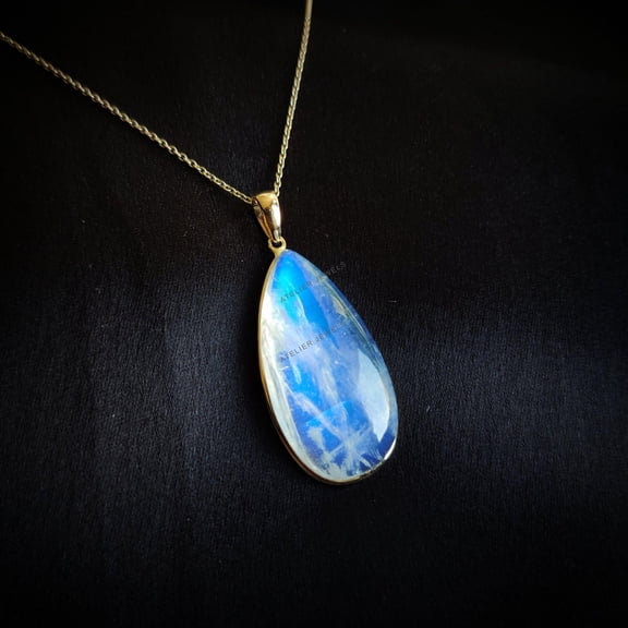 Natural Rainbow Moonstone Pendant, 14K Solid Yellow Gold Moonstone Pendant, Blue Moonstone Jewelry, June Birthstone, Christmas Present