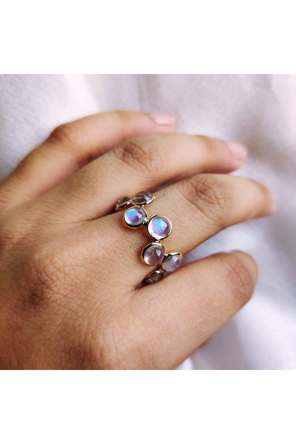 Natural Rainbow Moonstone Ring, 14K Solid Yellow Gold Ring, Blue Moonstone Ring, Bezel Set Ring, June Birthstone, Infinity Stackable Ring