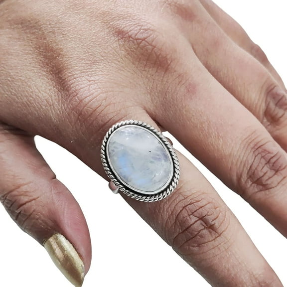 Natural Rainbow Moonstone Ring, Blue Fire Moonstone Ring, June Birthstone, Simple Band, 925 Sterling Silver, Womens Ring, Christmas, Thanksgiving, Handmade, Statement Jewelry, Natural Gemstone Ring