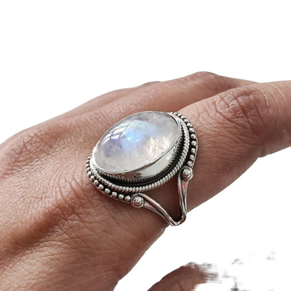 Natural Rainbow Moonstone Ring, Blue Fire Moonstone Ring, June Birthstone, Bohemian Band, 925 Sterling Silver, Womens Ring, Christmas, Thanksgiving, Handmade, Statement Jewelry, Natural Gemstone Ring