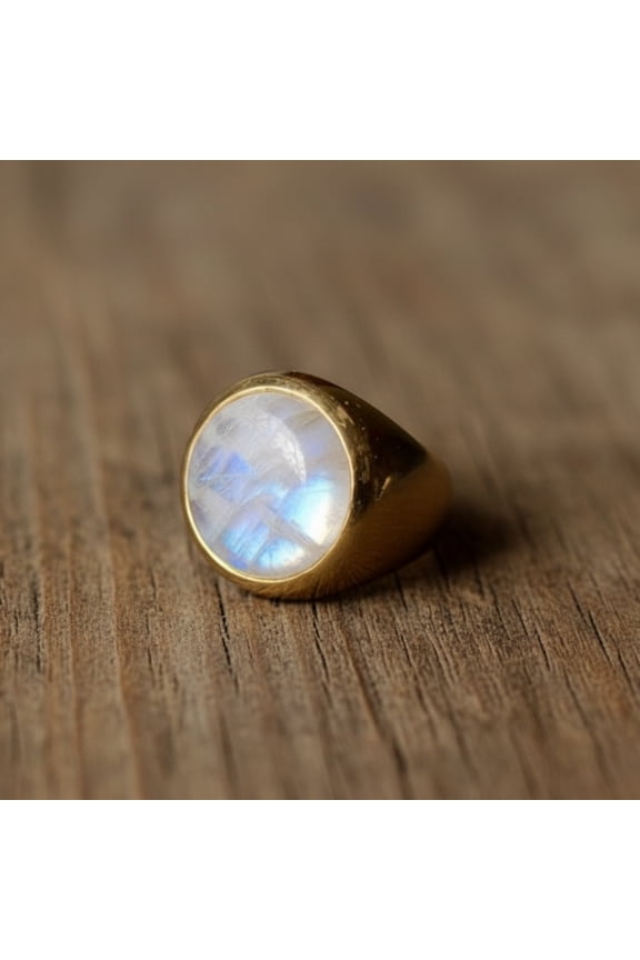 Natural Rainbow Moonstone Ring - Solid Pure Copper Jewelry, Handcrafted Round Moonstone Signet Ring