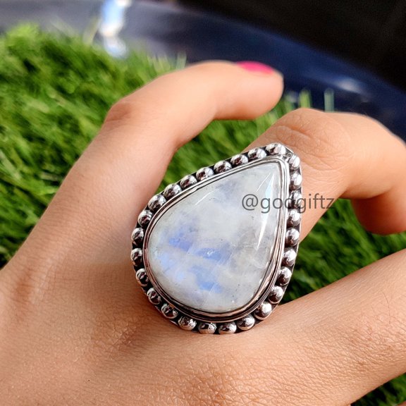Natural Rainbow Moonstone Ring â€“ Sterling Silver Handmade Gemstone Jewelry Gift