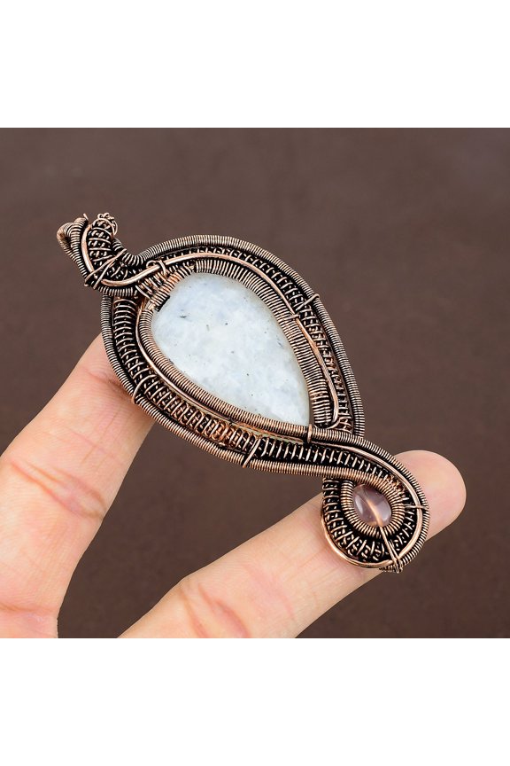 Natural Rainbow Moonstone,Rose Quartz Stone Copper Wire Wrap Pendant 3.54"